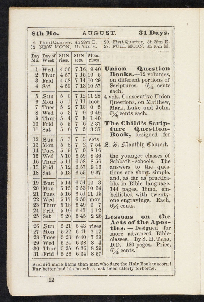 Scan 0012 of The Sunday-school pocket almanac for the year of Our Lord 1855