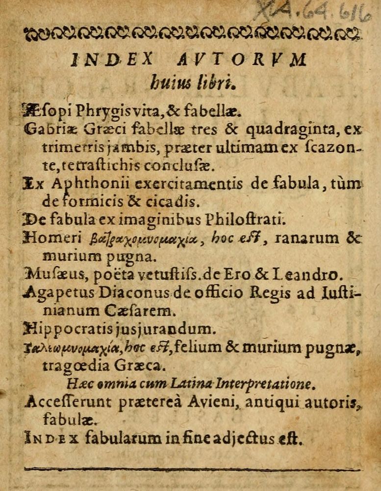 Scan 0006 of Æsopi Phrygis Fabulae graece et latine, cum aliis quibusdam opusculis